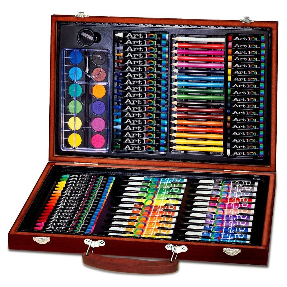 Art Set Wood Case 110 Pc Crayons Markers Pastels Watercolors Brush Palette NEW
